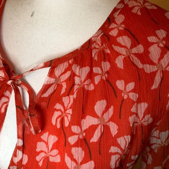 Vintage-Inspired Red Floral Sheer Blouse With Button-Up Front Tie Neckline & Puf - Picture 5 of 5